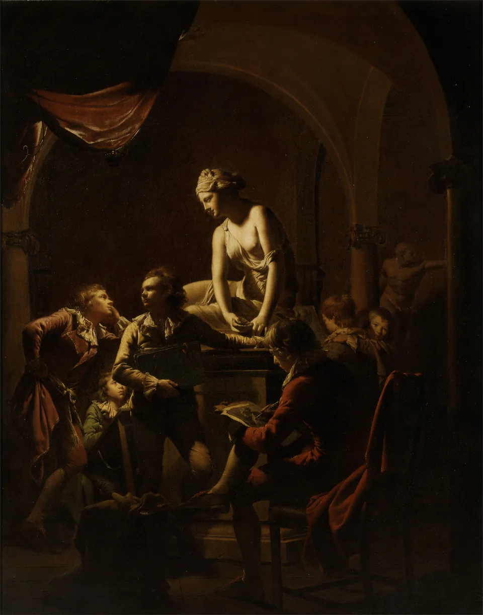 The complete painting An Academy by Lamplight by Joseph Wright of Derby, with students drawing a sculpture by lamplight